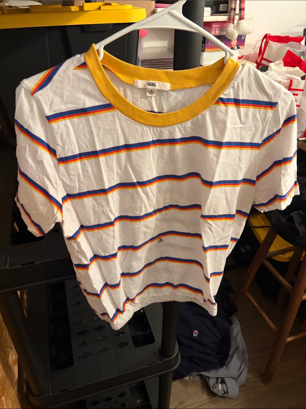 Vans White Short-Sleeve Tee with Yellow Rib and Blue-Orange Stripes